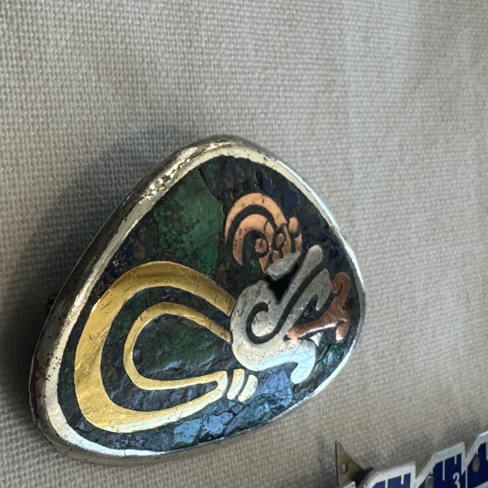 Taxco Mexico Ballesteros Sterling 925 Inlay Brooch Pendant Aztec Motif